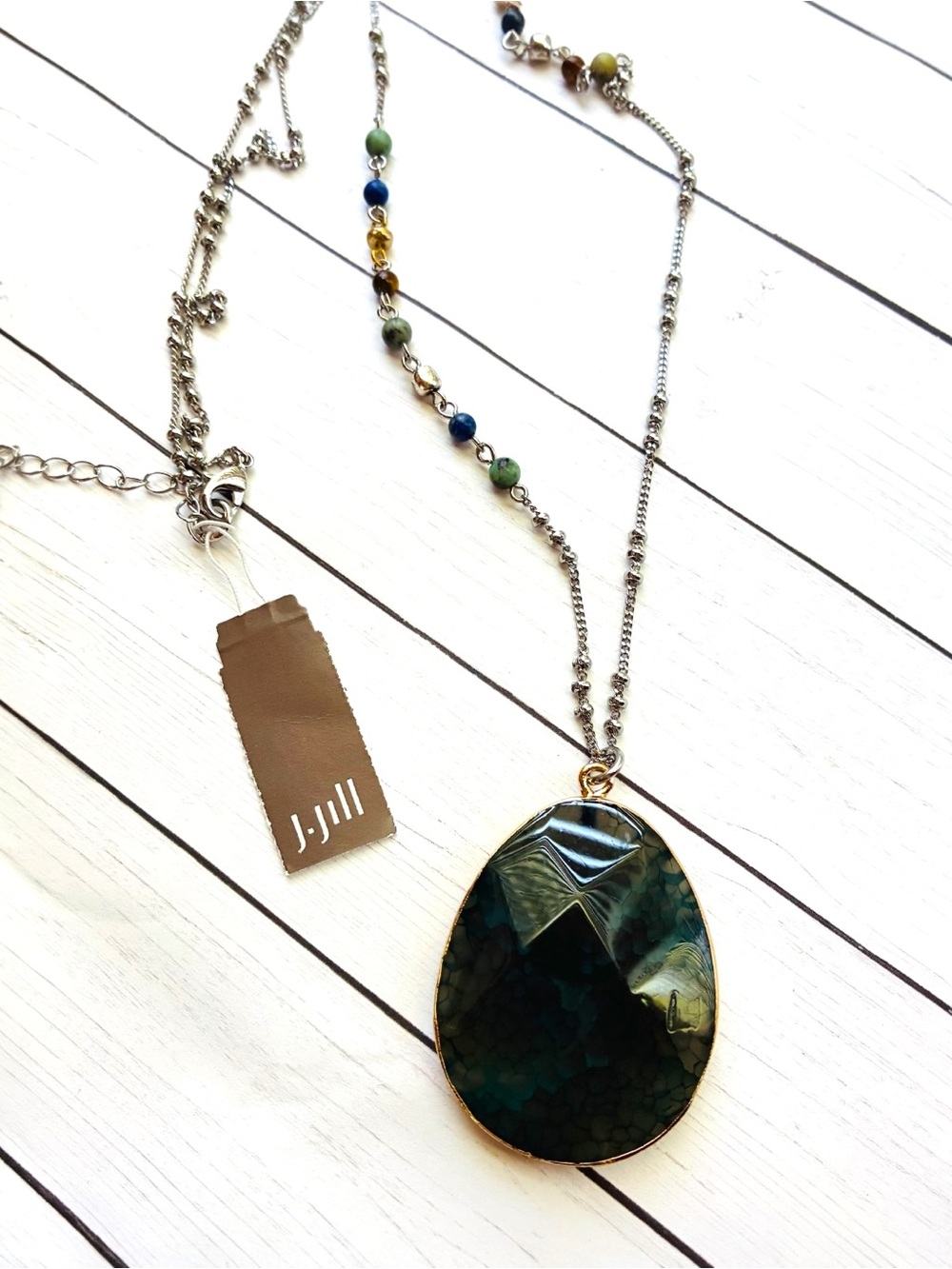 NEW NWT J. Jill Teal Green Marbled Oval Stone Pendant  Long Necklace $49 Tag